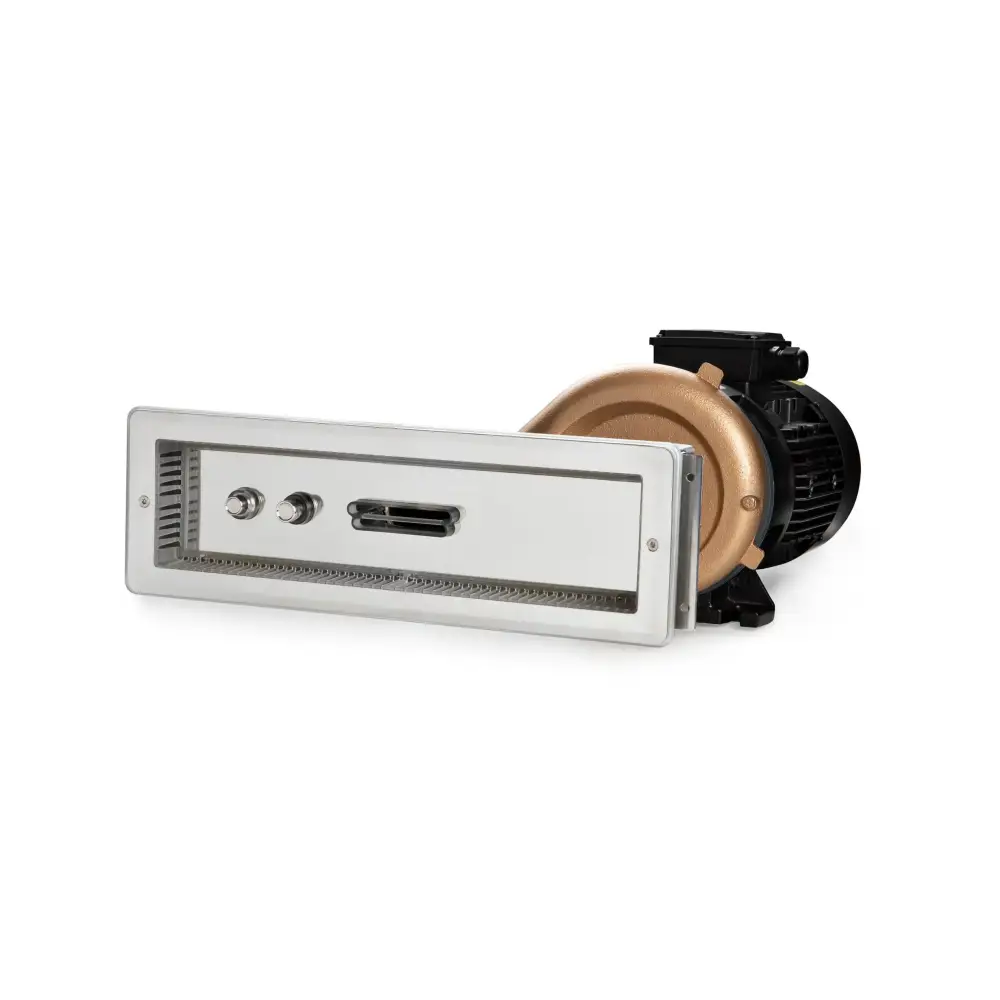 Silvrig rektangulär värmeenhet med två reglar och springa, ansluten till svart motordel av Pahlen Jet Swim Premium+ Athlete